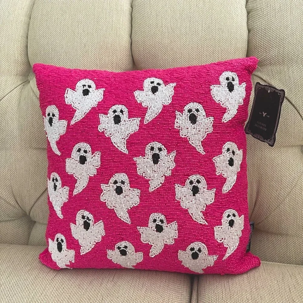 Two Well Dressed Home Beaded Ghost Pillows Hot Pink Tiktok Halloween NWT